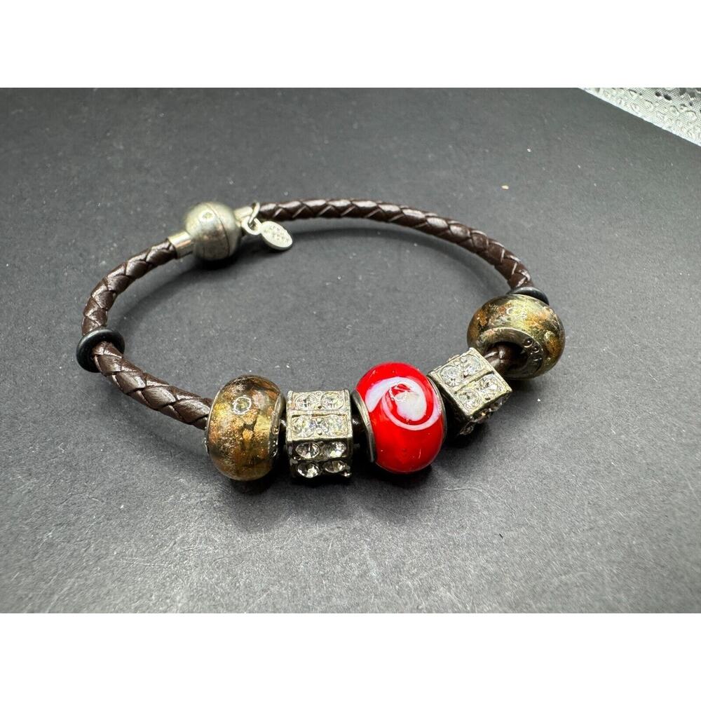 Rare 925 Sterling Silver Murano Art Glass Charms Beads Leather Chain Bracelet 7"